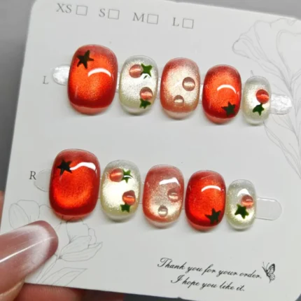 10pcs Festive Red Oval Short Press-On Nails with Cute Tomato Design Glossy Finish Holiday Nail Art Set for Women and Girls Wear - Image 3