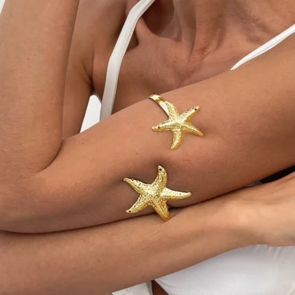 Boho Metal Starfish Open Cuff Bangles for Women Gold Color Punk Flower Geometric Arm Bracelet Summer Beach Party Jewelry Gifts - Image 2