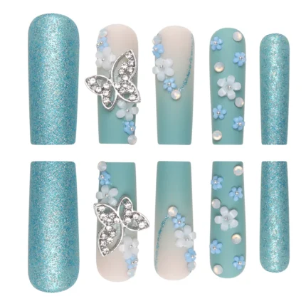24 Pieces of Long Coffin Shaped Blue Glitter and Gradient Pattern 3D Butterfly Dot Diamond Frosted Fake Nails Summer Series - Image 3