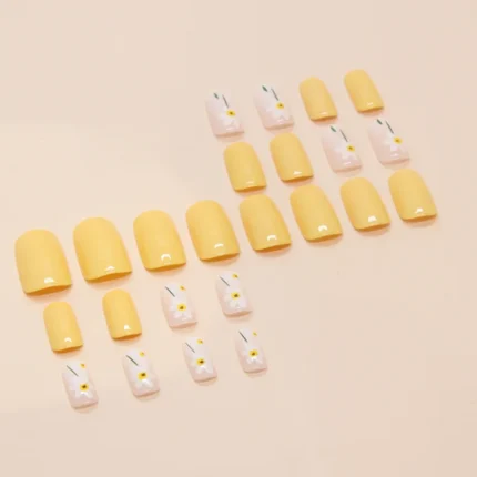 24Pcs Square Press-On Nails in Yellow Fresh&Elegant White Florals Accents False Nails for Women&Girls’ Spring/Summer Daily Look - Image 4