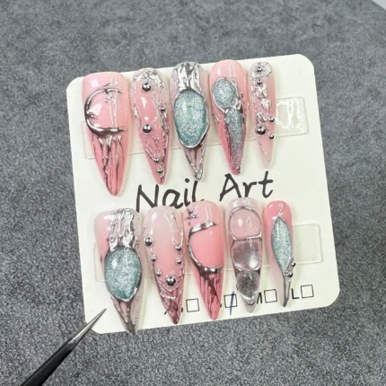 Handmade Press-On Nails with Dreamy Pink-Silver Two-Tone Gradient | Western Sweet-Cool Metallic Style | Instagram-Inspired False