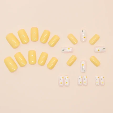 24Pcs Square Press-On Nails in Yellow Fresh&Elegant White Florals Accents False Nails for Women&Girls’ Spring/Summer Daily Look - Image 3
