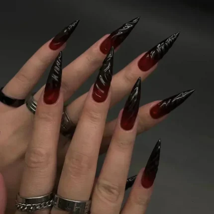 24Pc False Nails with Glue Almond Black Red Gradient Design Detachable Rhinestone Acrylic Fake Nail Long Stiletto Press on Nails - Image 40