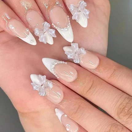 24pcs Sweet Cat Eye French Press on Nails Diamond-Pointed Three Dimensional Bow Knot Wearable Nail For Women&Girl Almond Nail - Image 22