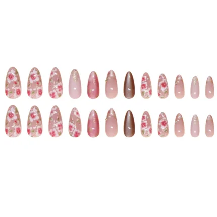 24Pcs Peach Blossom Press on Nails Cat's Eye Nude Glitter False Nail for Women&Girl Spring and Summer Detachable Wearable Nail - Image 5