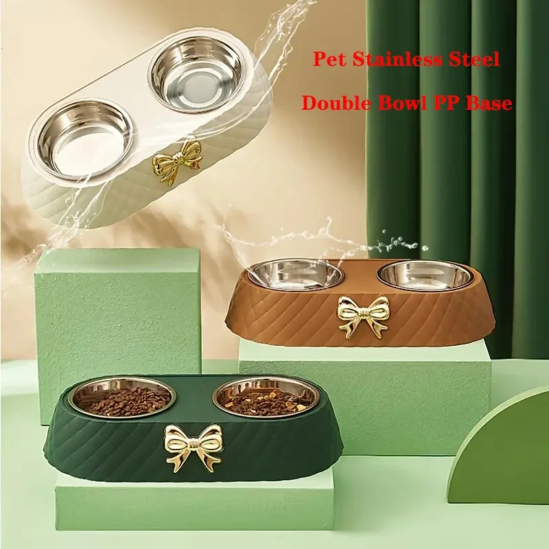 Sd3082f2fede049f781d4b25ed86b1af2Q.webp Pet Supplies Bow Tie Cat Food Bowl PP Base Dog Bowl Stainless Steel Double Layer Pet Accessories Feeding and Drinking Double Bow - Image 1