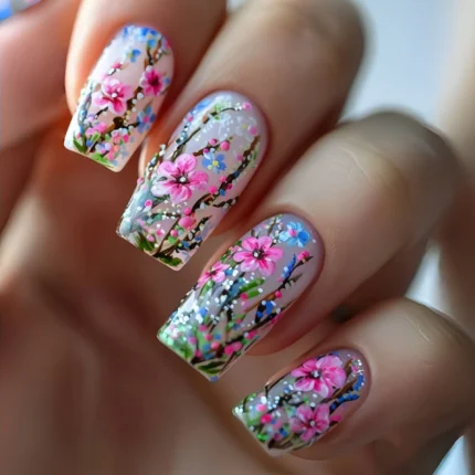 24pcs/set Medium Long fake nails for Spring summer beautiful flowers mushroom bees cute almond square tips press on false nails - Image 14