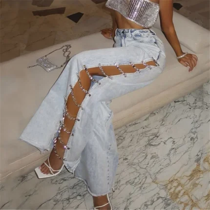 Crystal Chain Women Wide Leg Baggy Jeans High Waist Hollow Out Summer Pants Denim Trousers Y2K Streetwear Side Split Loose Jeans - Image 7