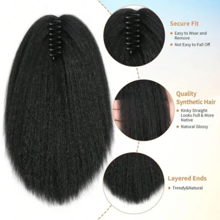Yaki Claw Clip Hair Extensions Synthetic Kinky Straight Hair Extensions Ponytail Black Fluffy Thick Ponytails For Black Women - Image 4