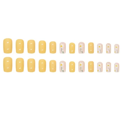 24Pcs Square Press-On Nails in Yellow Fresh&Elegant White Florals Accents False Nails for Women&Girls’ Spring/Summer Daily Look - Image 5