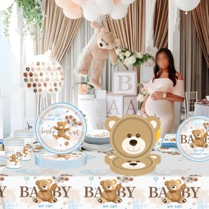 Cute Teddy Bear Disposable Tableware Set Plates Napkins Kids Bear Birthday We Can Bearly Wait Baby Shower Party Decors Supplies - Image 2