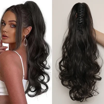 Long curly brown hair clip-on ponytail, synthetic ponytail extension wig - Image 13