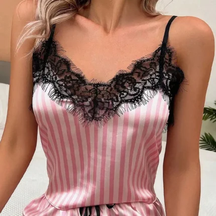 Two Piece Women's V-Neck Sexy Lace Suspender Pajama Shorts Set Casual Women's Sleeveless Sexy Pajama Set - Image 4