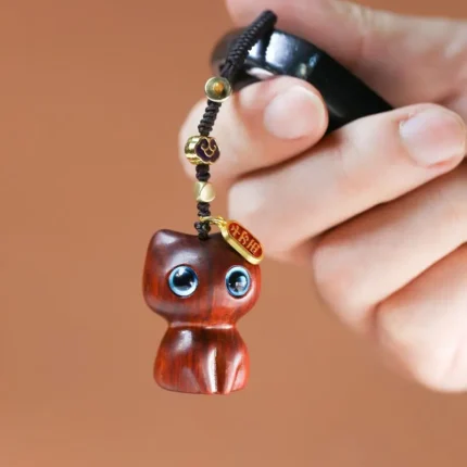 Sandalwood Wooden Cat Keychain Anime Cute Mobile Phone Chain Wooden Pendant Personality Creative Cute Accessories Hand-knitted - Image 3