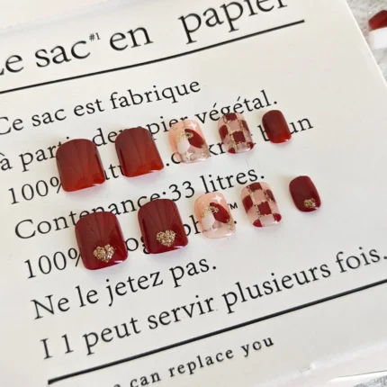 24pc Edgy Maroon Heart Checkerboard Nails Unique Medium-Short Round Press-Ons Available In Various Sizes - Image 4