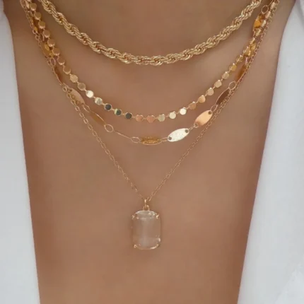 Boho Multi-layered Stainless Steel Square Necklace For Women Color Rectangular multicolor Crystal Pendant Necklaces Trendy Jewel - Image 3