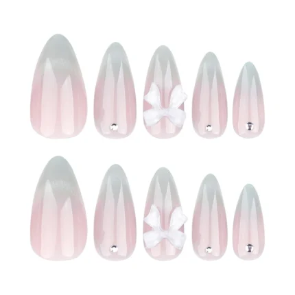 24pcs Sweet Cat Eye French Press on Nails Diamond-Pointed Three Dimensional Bow Knot Wearable Nail For Women&Girl Almond Nail - Image 5