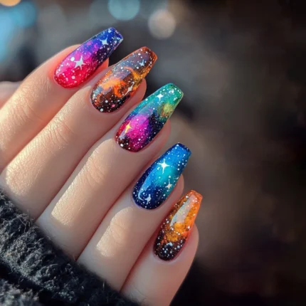 24pcs/set Medium long fake nail tips for women colorful gradient glitter starry design for Spring Summer press on false nail art - Image 6