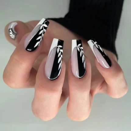24pcs Press on Nails Punk Black White Patchwork Fire Pattern Long Coffin False Nails Ballerina Fake Nail Art Manicure Full Tips - Image 6