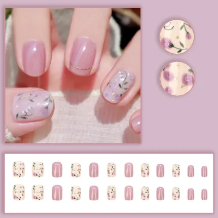 24pcs/set Short Medium fake nails for Spring summer beautiful colourful flowers bees faux ongles tips press on false nail art - Image 16
