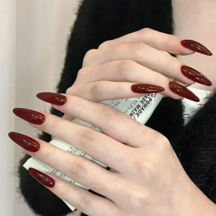 24Pc False Nails with Glue Almond Black Red Gradient Design Detachable Rhinestone Acrylic Fake Nail Long Stiletto Press on Nails - Image 33