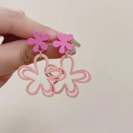 Sweet Pink Flower Women's Earrings Double-layers Hollow Floral Pendants Hanging Earrings for Female Korean New Fashion Jewelry - Image 3