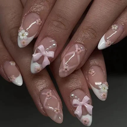 24pcs Sweet Cat Eye French Press on Nails Diamond-Pointed Three Dimensional Bow Knot Wearable Nail For Women&Girl Almond Nail - Image 14