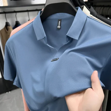 Light luxury men's short sleeved polo shirt summer new style men's Korean metal decoration design cool ice silk casual T-shirt - Image 4