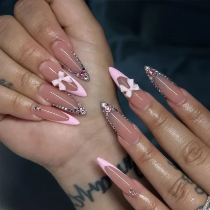 24pcs Sweet Cat Eye French Press on Nails Diamond-Pointed Three Dimensional Bow Knot Wearable Nail For Women&Girl Almond Nail - Image 19