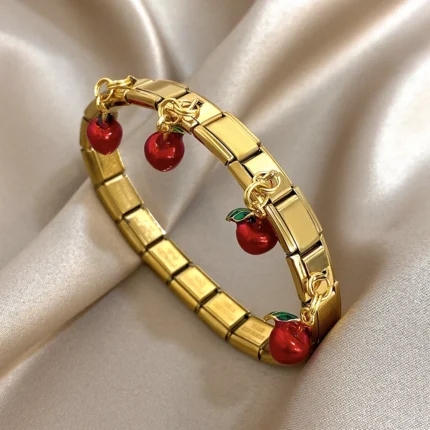 Geometric Square Stainless Steel Elastic Strap Bangle Bracelets for Women Strawberry Cherry Apple Pendant Bracelets Hand Jewelry - Image 3