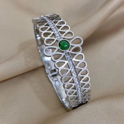 Luxury Stainless Steel Cuff Bracelet For Women Mens Gold Silver Color Couple Bracelets Green White Rhinestone Wide Bangle Gift - Image 7