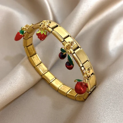 Geometric Square Stainless Steel Elastic Strap Bangle Bracelets for Women Strawberry Cherry Apple Pendant Bracelets Hand Jewelry - Image 7