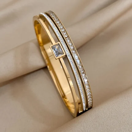 Luxury Stainless Steel Cuff Bracelet For Women Mens Gold Silver Color Couple Bracelets Green White Rhinestone Wide Bangle Gift - Image 25