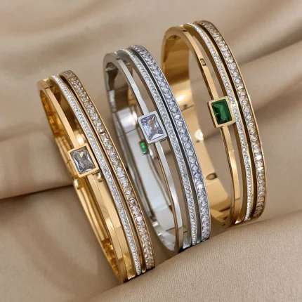 Luxury Stainless Steel Cuff Bracelet For Women Mens Gold Silver Color Couple Bracelets Green White Rhinestone Wide Bangle Gift - Image 6