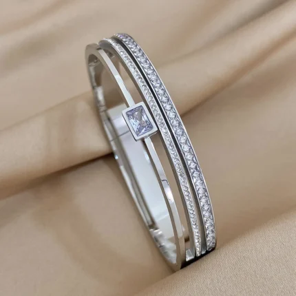 Luxury Stainless Steel Cuff Bracelet For Women Mens Gold Silver Color Couple Bracelets Green White Rhinestone Wide Bangle Gift - Image 26