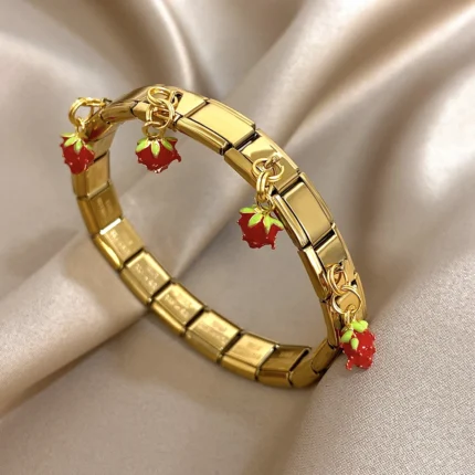 Geometric Square Stainless Steel Elastic Strap Bangle Bracelets for Women Strawberry Cherry Apple Pendant Bracelets Hand Jewelry - Image 4