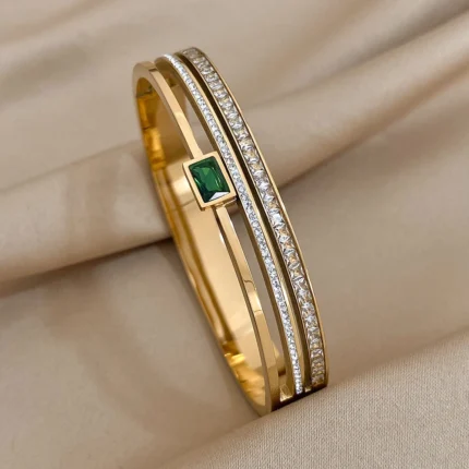 Luxury Stainless Steel Cuff Bracelet For Women Mens Gold Silver Color Couple Bracelets Green White Rhinestone Wide Bangle Gift - Image 24