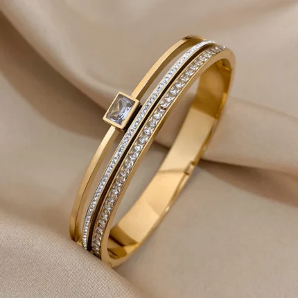 Luxury Stainless Steel Cuff Bracelet For Women Mens Gold Silver Color Couple Bracelets Green White Rhinestone Wide Bangle Gift - Image 2