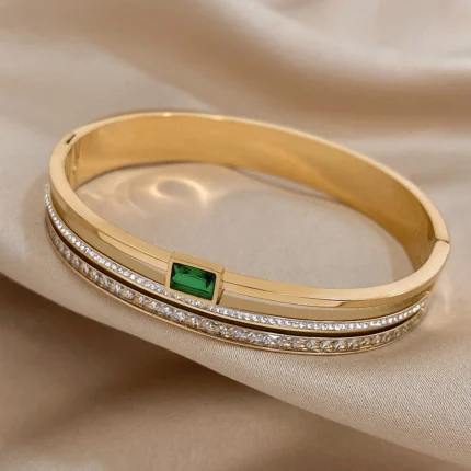 Luxury Stainless Steel Cuff Bracelet For Women Mens Gold Silver Color Couple Bracelets Green White Rhinestone Wide Bangle Gift - Image 32
