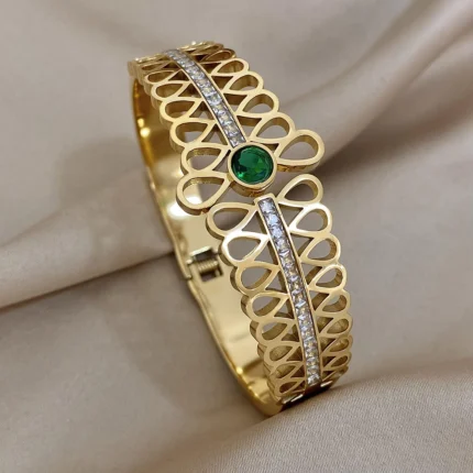 Luxury Stainless Steel Cuff Bracelet For Women Mens Gold Silver Color Couple Bracelets Green White Rhinestone Wide Bangle Gift - Image 8