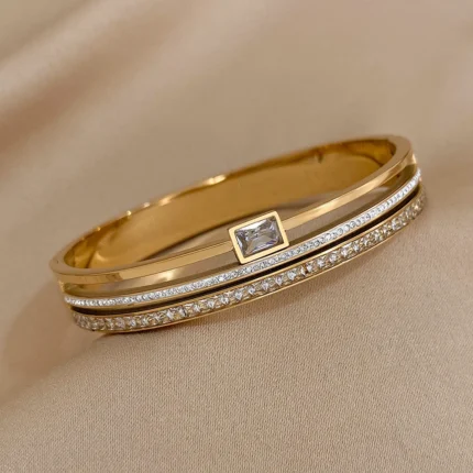 Luxury Stainless Steel Cuff Bracelet For Women Mens Gold Silver Color Couple Bracelets Green White Rhinestone Wide Bangle Gift - Image 27