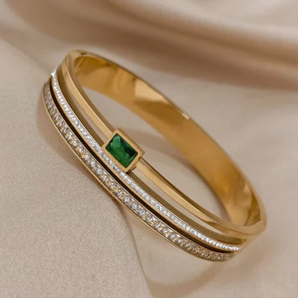Luxury Stainless Steel Cuff Bracelet For Women Mens Gold Silver Color Couple Bracelets Green White Rhinestone Wide Bangle Gift - Image 31