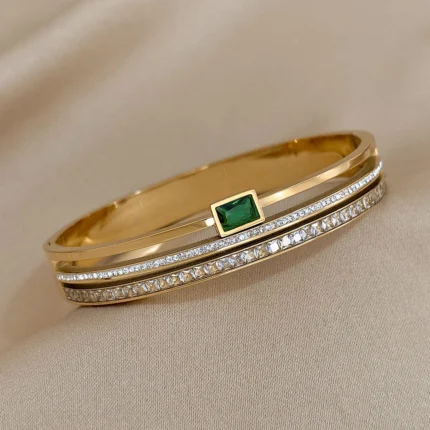 Luxury Stainless Steel Cuff Bracelet For Women Mens Gold Silver Color Couple Bracelets Green White Rhinestone Wide Bangle Gift - Image 29