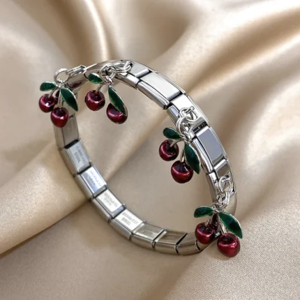 Geometric Square Stainless Steel Elastic Strap Bangle Bracelets for Women Strawberry Cherry Apple Pendant Bracelets Hand Jewelry - Image 9