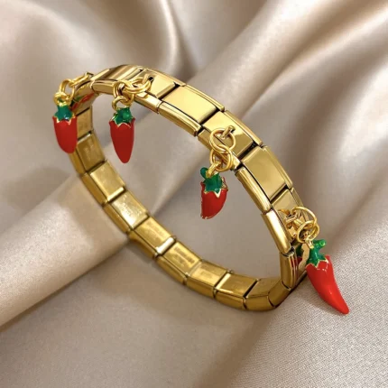 Geometric Square Stainless Steel Elastic Strap Bangle Bracelets for Women Strawberry Cherry Apple Pendant Bracelets Hand Jewelry - Image 5
