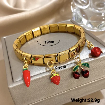 Geometric Square Stainless Steel Elastic Strap Bangle Bracelets for Women Strawberry Cherry Apple Pendant Bracelets Hand Jewelry - Image 6