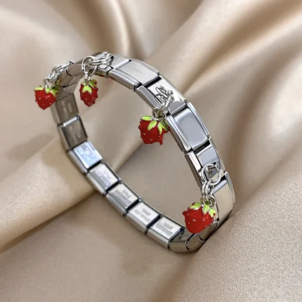 Geometric Square Stainless Steel Elastic Strap Bangle Bracelets for Women Strawberry Cherry Apple Pendant Bracelets Hand Jewelry - Image 11