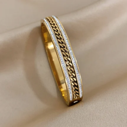 Luxury Stainless Steel Cuff Bracelet For Women Mens Gold Silver Color Couple Bracelets Green White Rhinestone Wide Bangle Gift - Image 15