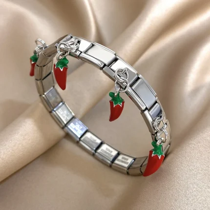 Geometric Square Stainless Steel Elastic Strap Bangle Bracelets for Women Strawberry Cherry Apple Pendant Bracelets Hand Jewelry - Image 12