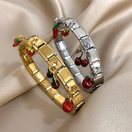 Geometric Square Stainless Steel Elastic Strap Bangle Bracelets for Women Strawberry Cherry Apple Pendant Bracelets Hand Jewelry